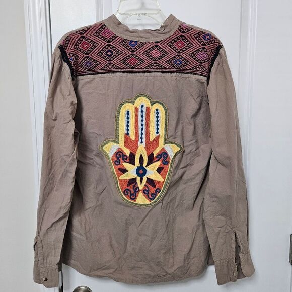 Boho Shirt Pink And Silver Fashion Women's Embroidered Button Down Hamsa See Pic - Picture 1 of 10